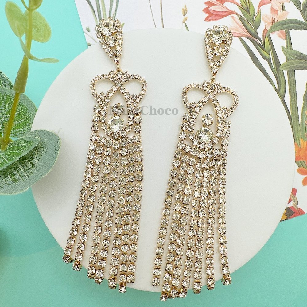 Mini Crown Rhinestone Tassel Earrings